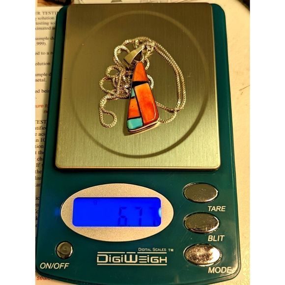 Navajo Necklace Pendent 925 Sterling Silver Spiny Oyster & Turquoise Singed - Picture 4 of 7